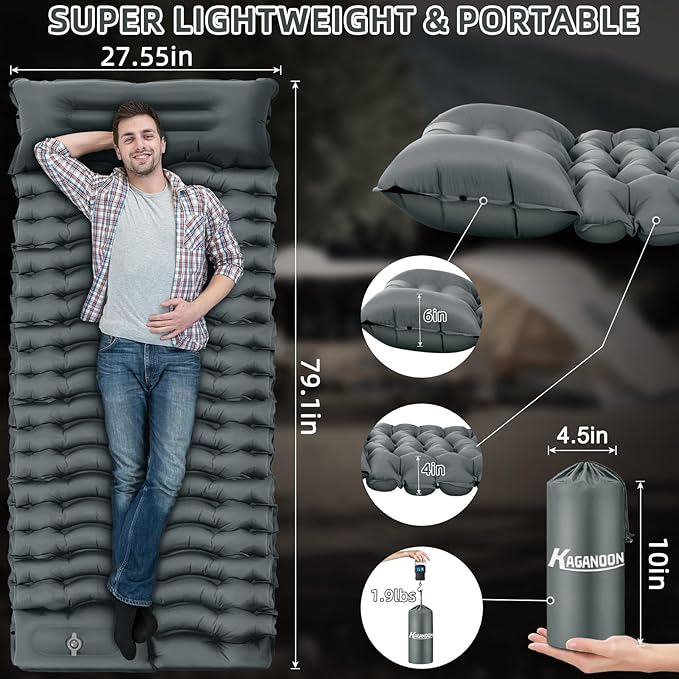 Sleeping Pad for Camping, Ultralight Inflatable Camping Mat with Pillow Built-in Foot Pump Sleeping Pads, Compact & Lightweight Camp Air Mattress for Backpacking, Hiking