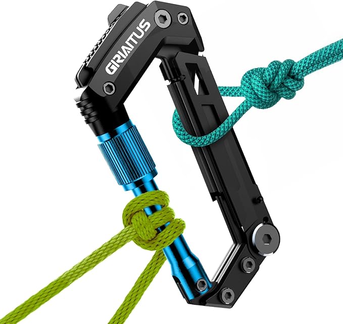 Carabiner Multitool with Pocket Knives, EDC Carabiners, Serrated Knife, Rope Cutter, Screwdriver, Can Bottle Opener, Ruler, Folding Knife for Camping Hiking, Gifts for Men (Blue)