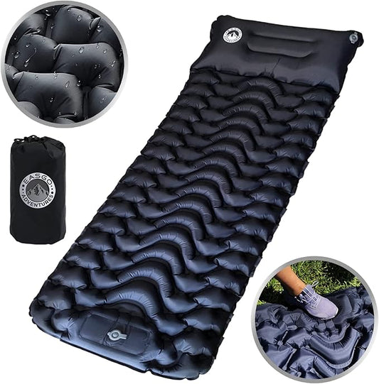 Sleeping Pad for Camping, Inflatable, Backpacking, Hiking, Travel, Built-in Step Inflating Air Pump, Integrated Pillow, Indoor Outdoor Firm Sleep Support, Compact and Portable, Black