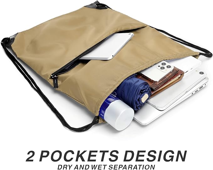 BuyAgain Drawstring Backpack Sports Water Resistant String Bag Sport Gym Sackpack for Women Men Large with Zipper, Khaki