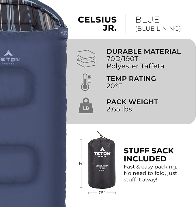 Teton Junior, 20 Degree and 0 Degree Sleeping Bags. Finally, Sleeping Bag for Boys, Girls, All Kids, Warm and Comfortable, for All Camping Weather and Built to Last