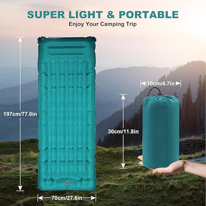 Camping Sleeping Pad with Pillow: Extra Thick 4.7 Inch Ultra-Light Self Inflating Air Mattress, Portable Comfortable Extendable Inflatable Sleep Mat for Car Traveling and Hiking (Peacock Blue)