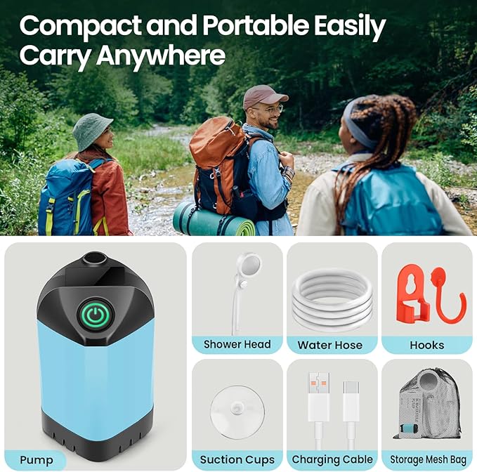 Portable Camping Shower with 7800mAh Battery - 3 Spray Modes, IPX7 Waterproof & Powerful Suction for Indoor, Camping, Beach Travel, RV Life, Pet Bathing, Gardening