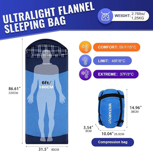 Backpacking Flannel Sleeping Bag Lightweight for Adults Hiking Ultralight Compact Sleeping Bag Portable Warm Weather Summer with Compression Sack