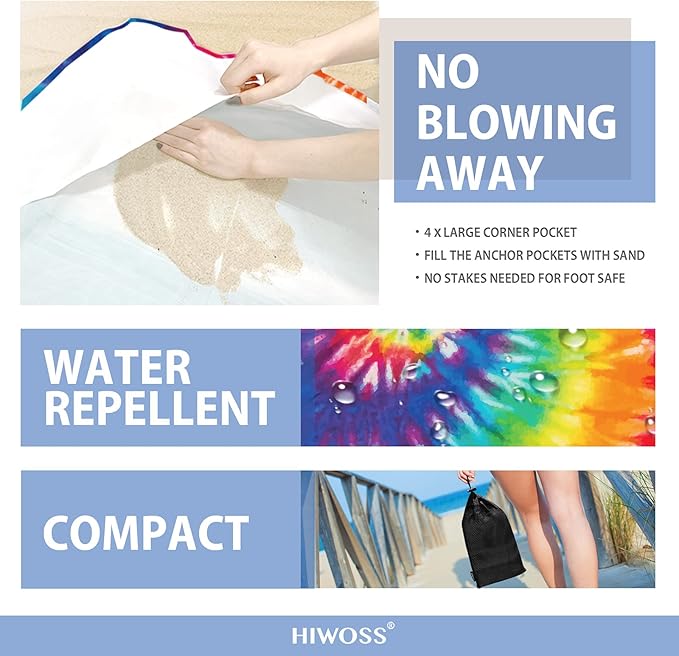 Beach Blanket Waterproof Sandproof Oversized 95”x 80”,Sand Free Beach Mat with Corner Pockets,Portable Mesh Bag for Beach Festival,Picnic,Travel and Outdoor Camping (Rainbow)