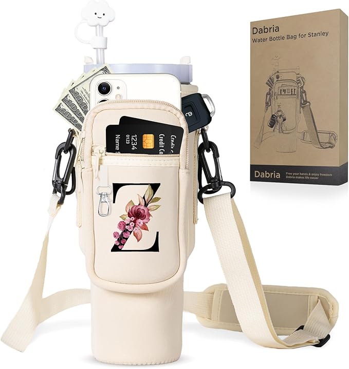 dabria Initial A-Z Water Bottle Bag with Phone Pocket for Stanley 40 oz Tumbler Neoprene Water Bottle Holder Pouch with Adjustable Strap Bollus with Straw Cover & Carabiner for Stanley Cup Accessories