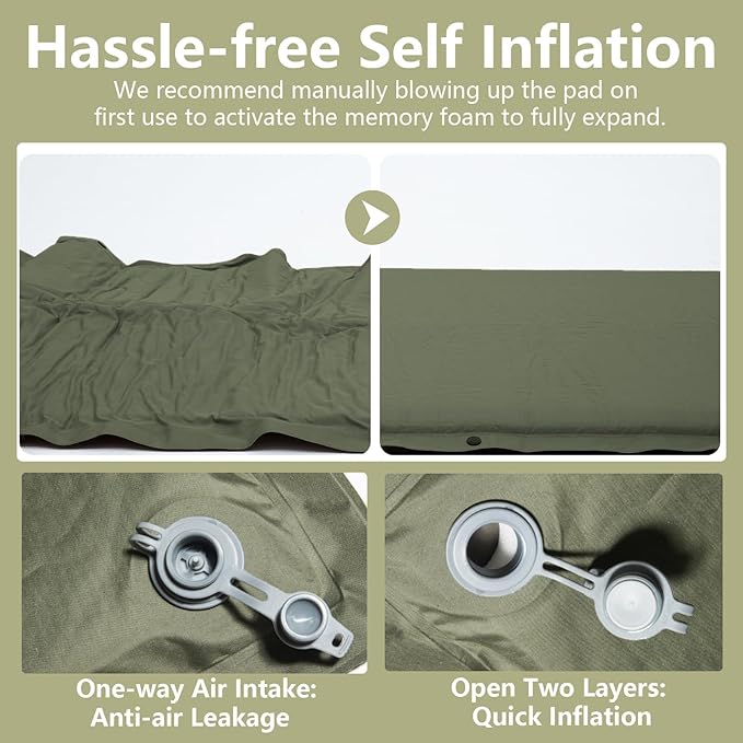 BISINNA Self Inflating Sleeping Pad Thick Foam Sleeping Mattress with Pillow for Camping Lightweight Insulated Sleeping Mat Fast Inflating for Camping Travel Car Tent