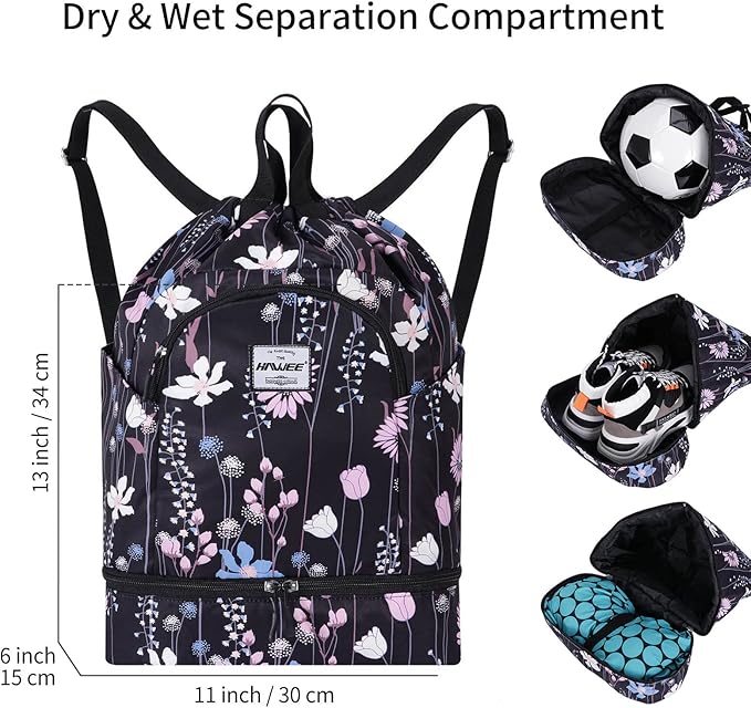 Dry Wet Drawstring Backpack with Shoe Compartment for Women Adjustable Gym Bag