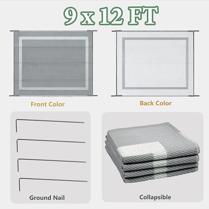Ogrmar 9x12 FT Reversible Mats, Outdoor Rug for Patio Clearance, Waterproof Carpet, Plastic Straw Rug for Indoor Outdoor, Floor Mat&Rug for RV Porch Camping Backyard Deck Balcony Beach Trailer (Gray)