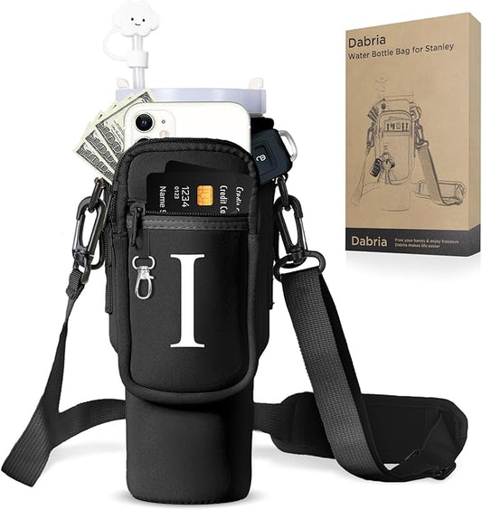 dabria Initial A-Z Water Bottle Bag with Phone Pocket for Stanley 40 oz Tumbler Neoprene Water Bottle Holder Pouch with Adjustable Strap Bollus with Straw Cover & Carabiner for Stanley Cup Accessories