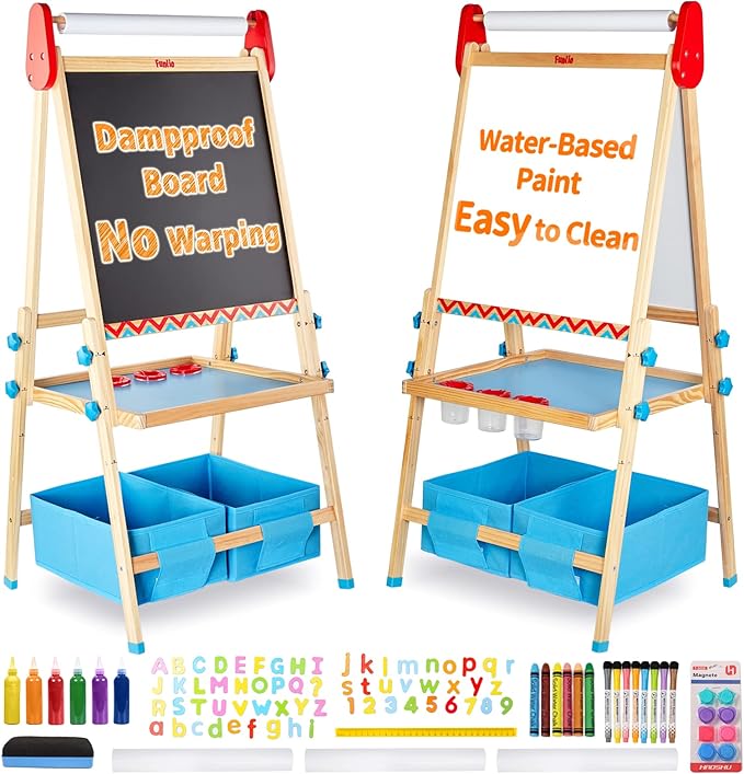 FUNLIO Anti-Warping Kids Art Easel, 3 Height Adjustable for Kids Aged 2-8, All-in-One Toddler Easel with Paper Roll & Erasable Frame, Standing Easel with Magnetic Chalkboard/Whiteboard (Blue)