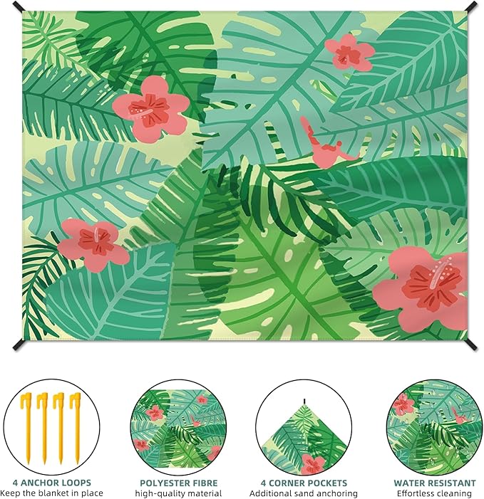 Beach Blanket Waterproof Sandproof Large Beach Mat 83" X 106" for 3-5 Adults Sand Free Mat Quick Drying,Lightweight & Durable with 4 Stakes & 4 Corner Pockets for Beach Camping .(Green)