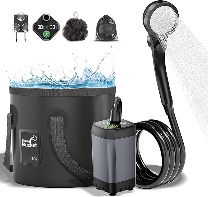 Portable Shower for Camping, 7800mAh Rechargeable Camping Shower Pump with 3 Spray Modes & 5-Gallon Collapsible Bucket, Outdoor Shower Kit for Hiking, RV, Travel, Pet Bath, Watering Plants