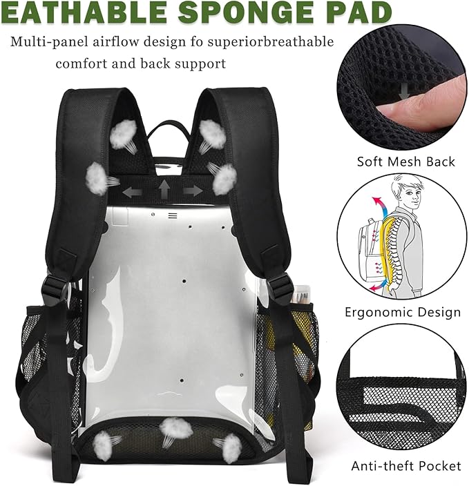 Clear Backpack,15 '' Clear Backpacks for School Heavy Duty PVC See Through Bag Waterproof Bookbag for Girls & Boys, Black