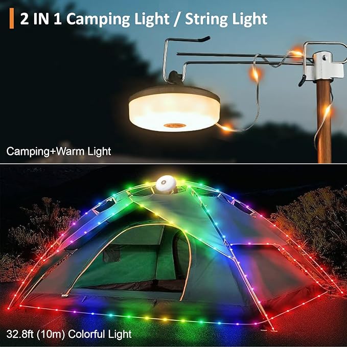 Camping String Lights with 8 Modes, 4 in 1 Portable Camping Light Rechargeable, USB Charging, Quick Storage, 32.8ft Waterproof Tent Light for Camping, Hiking, Christmas