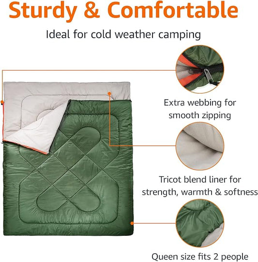 Amazon Basics 3-Season Durable Sleeping Bag for Adults, Olive Green, Queen, Ideal for Hiking