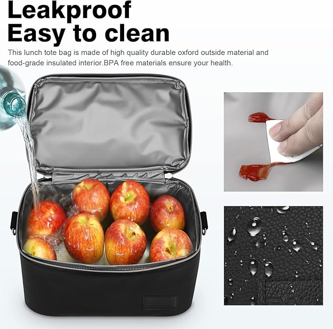 BALORAY Lunch Bag for Women Men, Double Deck Lunch Box for Adults, PU Leather Lunch Tote Bag Insulated Lunch Bags with Strap for Work Office Picnic