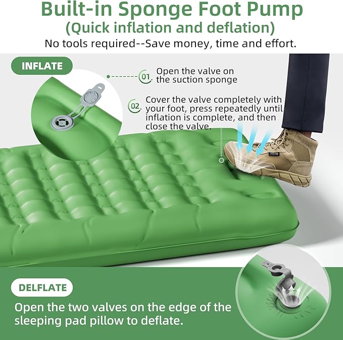 INVOKER 5.12" Camping Sleeping Pad with Built-in Foot Pump, Ultralight Inflatable Camping mat, for Camping, Backpacking, Hiking, Car Travel, Tent, Picnic, Beach, Green