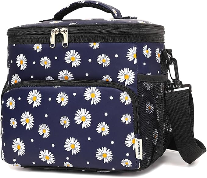 Insulated Lunch Bag for Adult/Women/Men, Reusable Large Lunch Box Cooler Soft Leakproof Tote, Thermal Meal Prep Lunch Pail with Adjustable Shoulder Strap for School/Travel/Office, Daisy