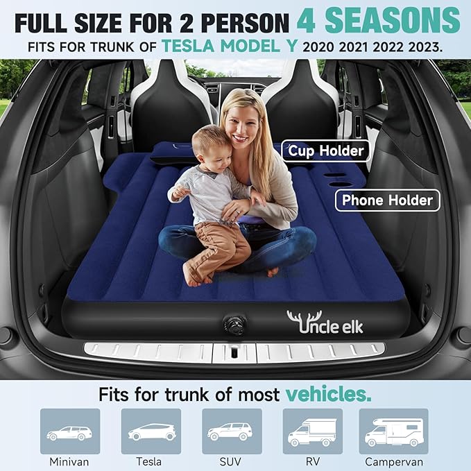 Model Y Mattress for Tesla: Inflatable SUV Mattress for Portable Camping Mattress Foldable Air Mattress with Air Pump and Storage Bag for Tesla Model Y and SUV Travel, Navy