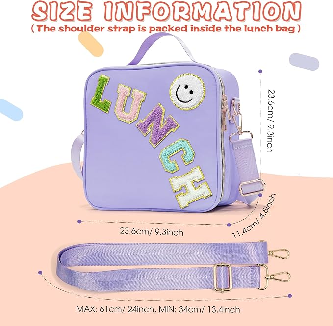 Insulated Lunch Bag Women Lunch Box Kids for Teen Girls Boys, Cute Preppy Lunch Boxes With Adjustable Shoulder Strap, Waterproof Nylon Lunchbox Lunch Bags for School Work Picnic (Purple)