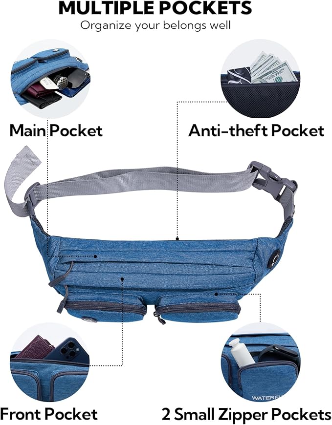 WATERFLY Fanny Pack Waist Bag: Travel Hip Pouch Bum Bag Plus Size Crossbody Fannie Pack Adjustable Belt Waistpack Phanny Fannypack for Man Woman Hiking Walking Jogging