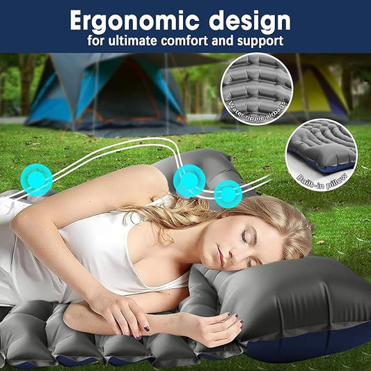 Double Sleeping Pad for Camping - Ultralight Camping Mattress with Pillow, Built-in Foot Pump, Compact Inflatable 2-Person Portable Mat for Backpacking, Hiking, Car Traveling, Beach, Tent
