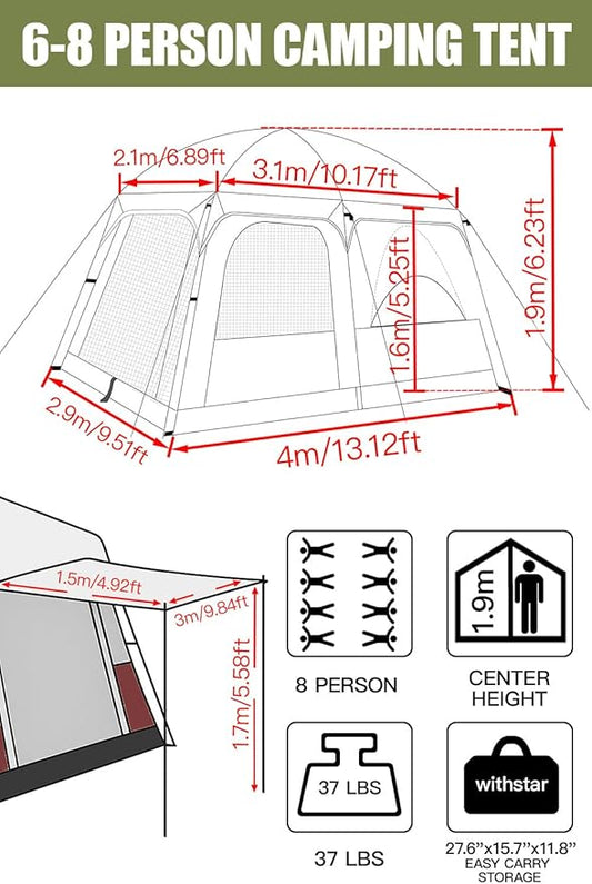 Camping Tents, 4-8 Person Stand Up Tent, Straight-Wall Design,with Full-Coverage PU-Coated All-Around Tents for Camping, Hiking, Picnic, Bivy