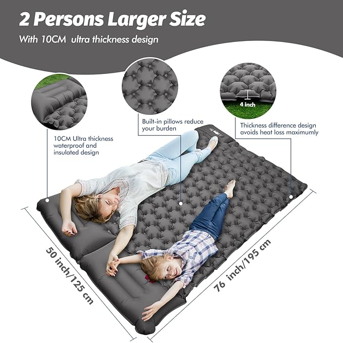 LAMA Double Sleeping Pad for Camping, 2 Persons Self Inflating Camping Mat for Sleeping, Ultralight Sleeping Mat with Pillow Built-in Pump, Ultra-Thick Air Mattress for Backpacking, Hiking, Grey