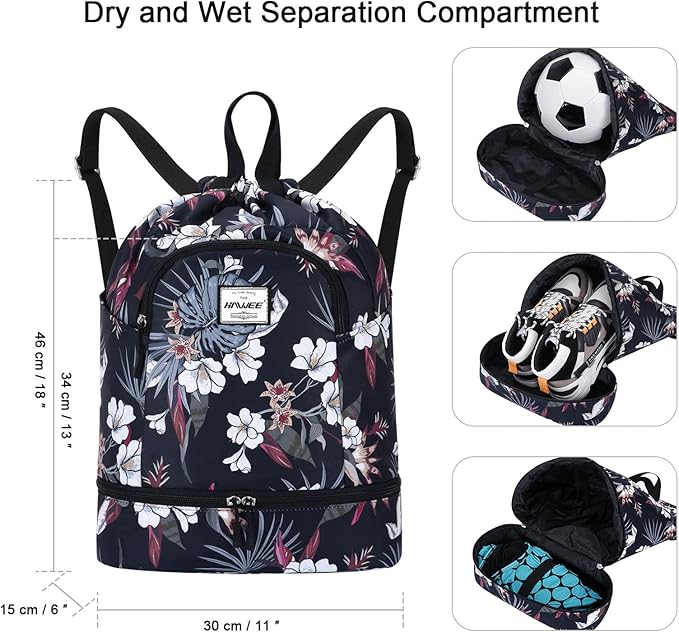 Dry Wet Drawstring Backpack with Shoe Compartment for Women Adjustable Gym Bag