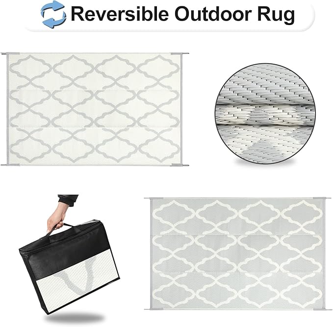 OutdoorLines Outdoor Plastic Area Rugs for Patio 4x6 ft - Reversible Outside Carpet, Stain & UV Resistant RV Mats, Straw Rug for Camping, Deck Garden, Porch and Balcony, Moroccan/Beige & Light Grey