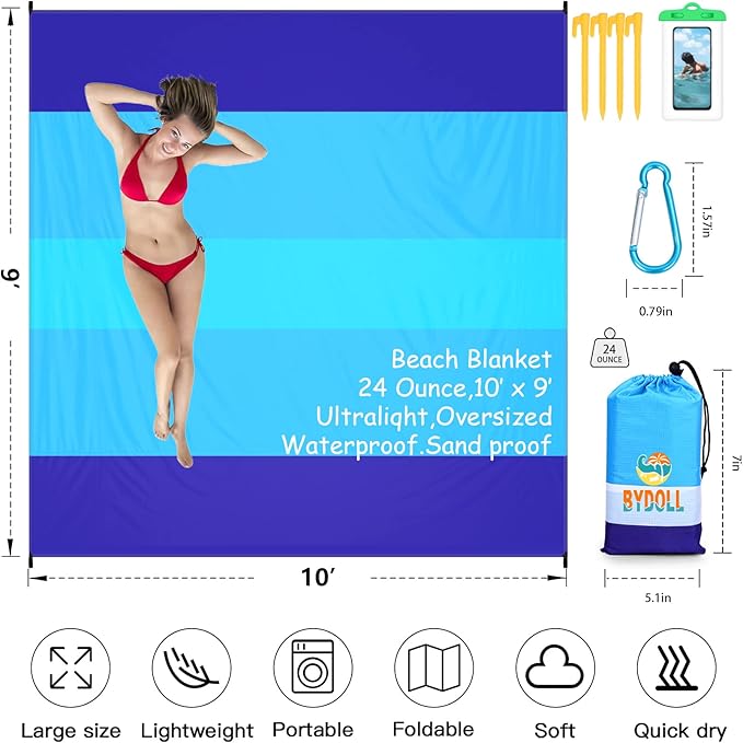 BYDOLL Beach Blanket 78''X81'' 4-7 Adults Oversized Lightweight Waterproof Sandproof Blanket for Beach Large Picnic Mat Travel Camping