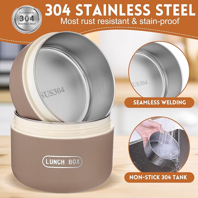 Dandat 3 Pcs Portable Insulated Lunch Container Set for Adult kids, Stackable Stainless Steel Bento Box for Hot Food with Insulated Lunch Bag Unisex 3 Separate Thermal Food Container(Khaki)