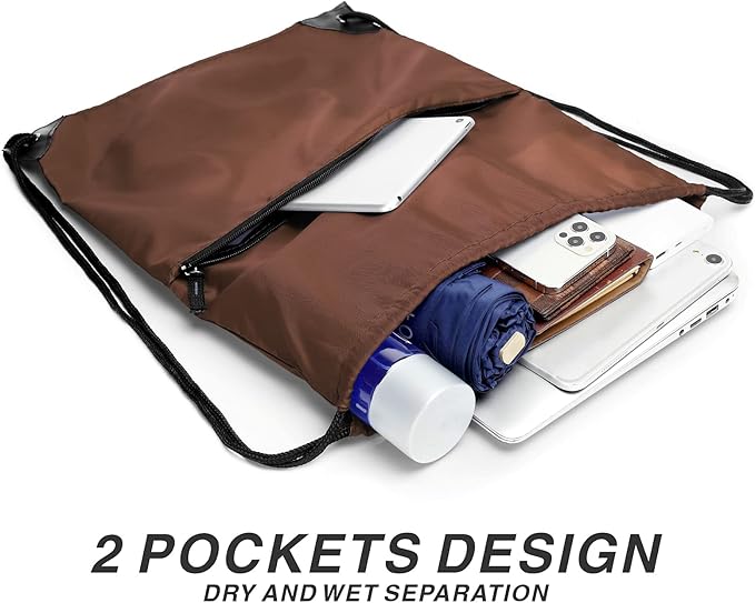 BuyAgain Drawstring Backpack Sports Water Resistant String Bag Sport Gym Sackpack for Women Men Students Large Size with Zipper, Brown