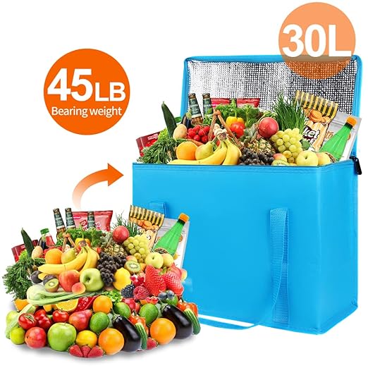 Bodaon 1-Pack Insulated Reusable Grocery Shopping Bags, X-Large Picnic Cooler Bag with Zipper Zippered Top Cold, Blue