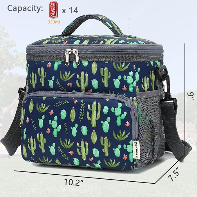Insulated Reusable Lunch Bag Adult Large Lunch Box for Women and Men with Adjustable Shoulder Strap,Front Zipper Pocket and Dual Large Mesh Side Pockets,Cactus