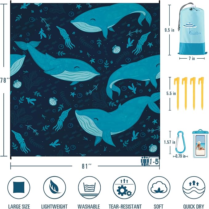 Beach Blanket Sandproof Waterproof 78''×81''1-5 Adults Oversized,Compact Lightweight Durable Beach Mat for Travel Camping Hiking Picnic Blanket