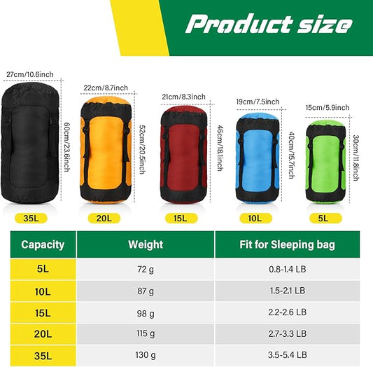 5 Pcs Compression Sacks for Backpacking 5L/10L/15L/20L/35L Camping Sleeping Bag Stuff Sack Water Resistant Sleeping Bag Storage Sack for Space Saving Hiking Gear