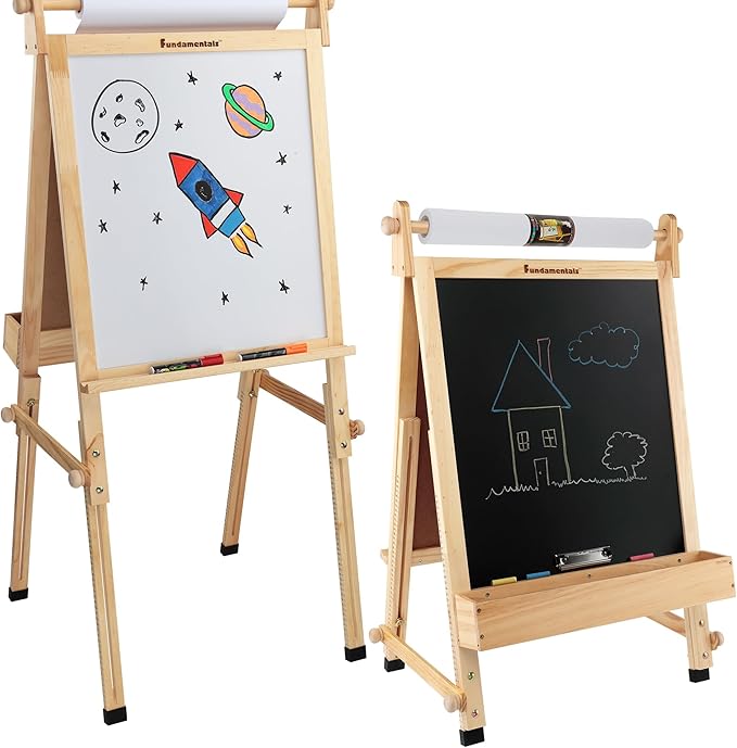 Fundamentals Kids Art Easel 3 in 1 Multipurpose Wooden Art Easel, Chalk Board & Dry Erase White Board & Paper Roll with Paper Clamp Adjustable Height 36.5"- 51" - Natural Finish