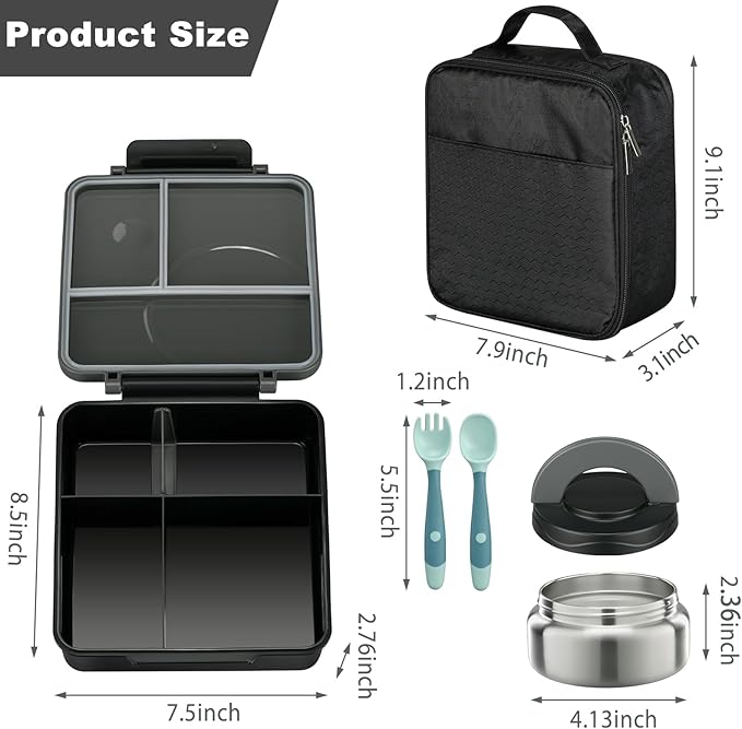 Bento Lunch Box Set for Kids with 8oz Soup Thermo, Leak-Proof Lunch Containers with 4 Compartment, Kids Thermo Hot Food Jar and Insulated Lunch Bag for Kid to School-Black