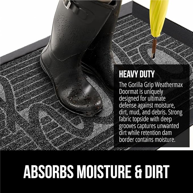 GORILLA GRIP 100% Waterproof All-Season WeatherMax Doormat, 23x35, Durable Natural Rubber, Stain and Fade Resistant, Low Profile, Indoor Outdoor Door Mats, Easy Clean Patio Entry Mat, Charcoal Hello