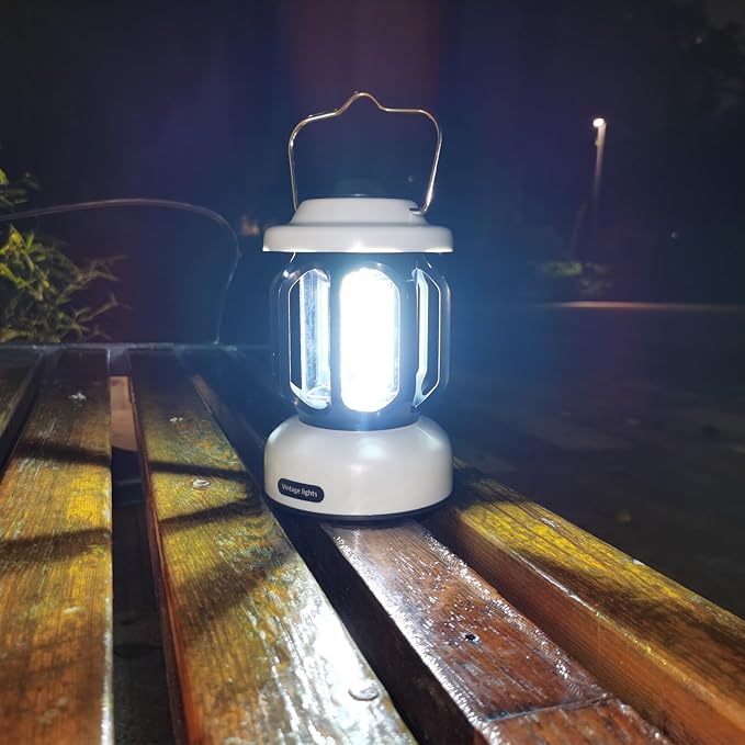 Camping Lantern Rechargeable, 360° Brightness Dimmable Retro Camping Light, Hanging Vintage Camping Lamp Outdoor Tent Light for Power Outage, Hurricane, Emergency, 3A Battery Included, White