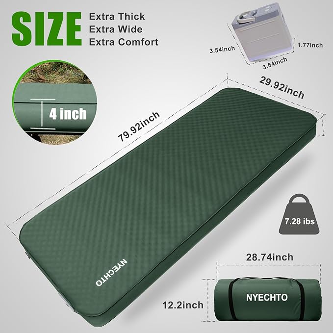 Self Inflating Sleeping Pad for Camping, 4" Extra-Thick Memory Foam Camping Mattress with Electric Pump, Fast Inflate & Deflate,9.5 R-Value Insulated Camping Pad for Car Travel Tent Cot, Green