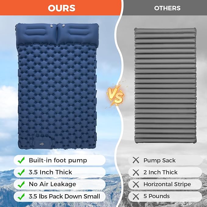 KingCamp Sleeping Pad for Camping, Inflatable Sleeping Pad Ultralight Connectable Camping Mattress with Pillow Built-in Foot Pump for Backpacking Hiking Tent Cot