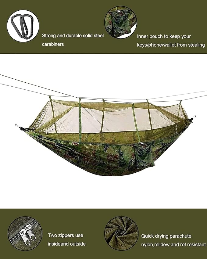 Camping Hammock with Mosquito Net - Ultra Lightweight Durable Double/Single Travel Hammock 210T Parachute Nylon with Tree Straps 660lbs Capacity for Garden Camping Backpacking, Camo