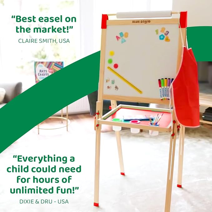 Blue Squid Art Easel for Kids - Dual-Sided Adjustable Wooden Painting Easels, Ideal Christmas Gift for Toddlers and Kid - with Magnetic Chalk Board, White Board & Paper Roll, Includes Accessories