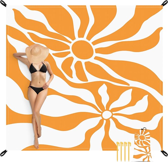 Sandproof Beach Blanket, Sand Free Waterproof Outdoor Beach Mat with 4 Stakes & Pockets, 78''×86'' Large Foldable Boho Sun Picnic Blanket with Portable Bag for Camping, Travel, Hiking