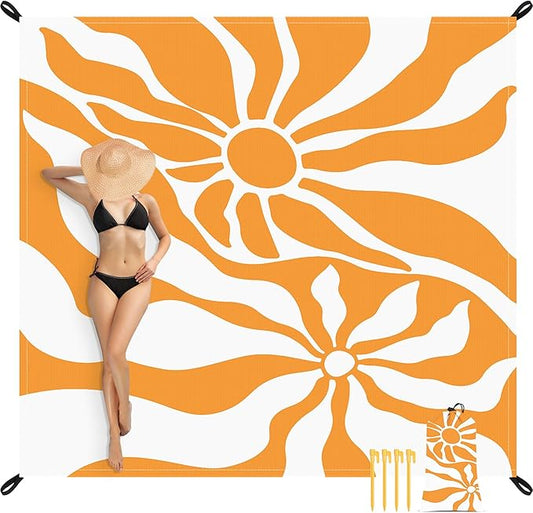 Sandproof Beach Blanket, Sand Free Waterproof Outdoor Beach Mat with 4 Stakes & Pockets, 78''×86'' Large Foldable Boho Sun Picnic Blanket with Portable Bag for Camping, Travel, Hiking
