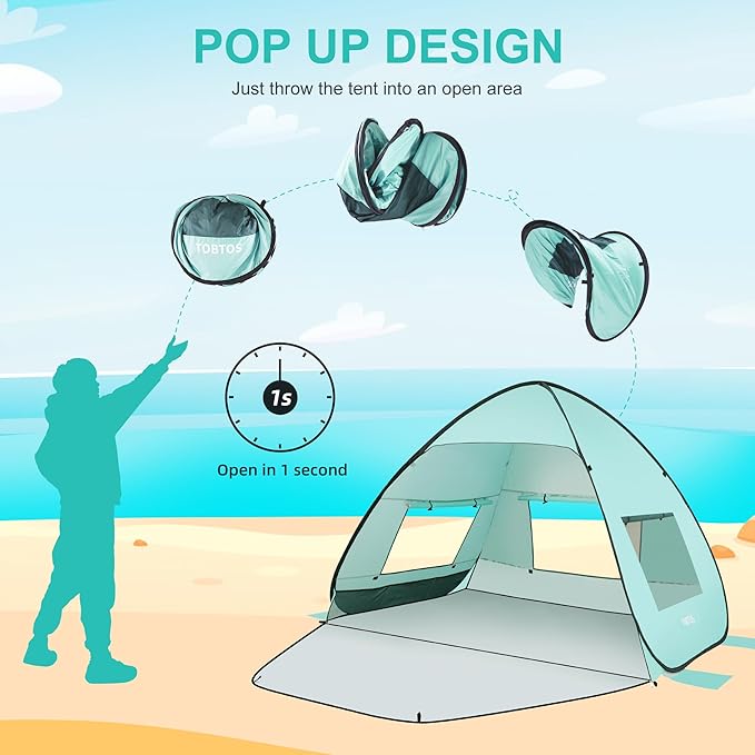 TOBTOS UPF 50+ Pop Up Beach Tent, Easy Set Up Beach Umbrella, Sun Shelter for 2-3 People UV Protection Portable Sunshade, Baby Canopy Cabana, Lightweight with Carry Bag