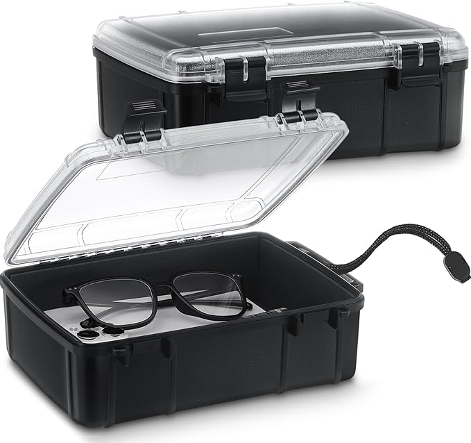 2 Pcs Waterproof Dry Box for Boat Junction Box 9.3 x 7.1 x 3.15 Inches Watertight Storage Box Protective Case Airtight Dry Box for Mobile Phones Wallets Camping Hiking Boating, Black
